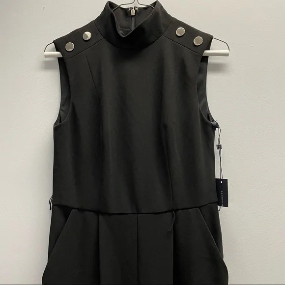 𝅺Tommy Hilfiger Women's Jumpsuit Black Size 2 Mock Neck Belted Button - Picture 3 of 9